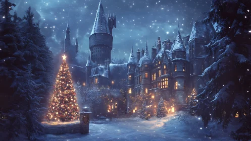 Snowy castle courtyard with illuminated Christmas tree.