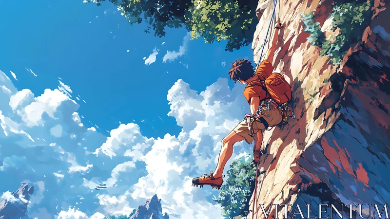 Rock climber scales sunlit cliff under vivid summer sky.