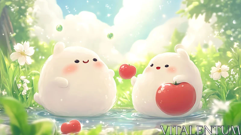 Playful marshmallow friends sharing apples in sunny pond.