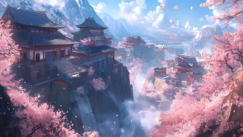 Digital painting of terraced mountain temples in cherry blossom haze.