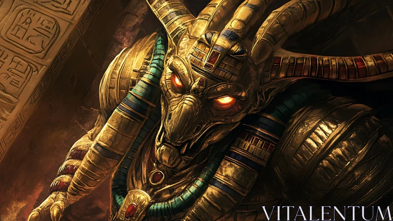 Armored jackal-headed deity leans forward with glowing eyes