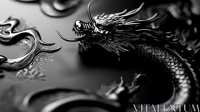 Midnight chrome dragon coils through liquid shadow and light.