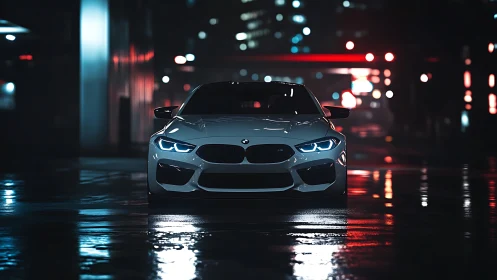 White sports coupe on wet city street at night front view.