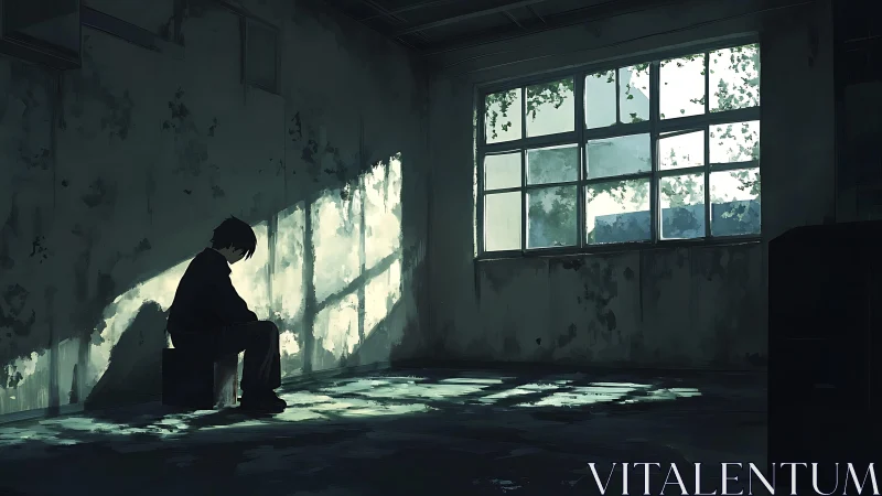 Solitary figure in dim abandoned room with window light.