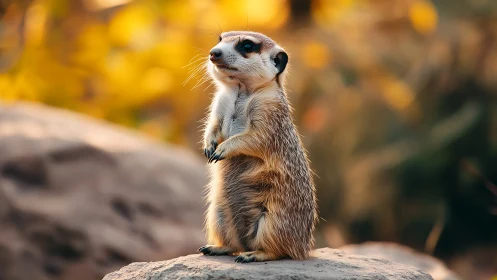 Alert meerkat stands on sunlit rock amid golden bokeh field.