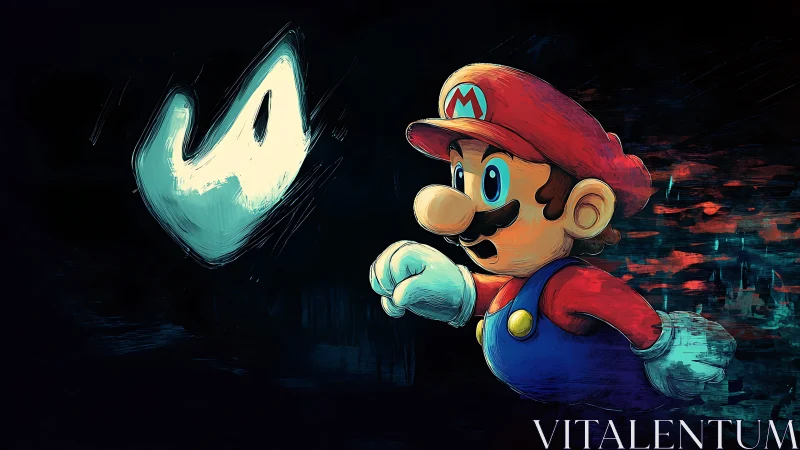 Heroic plumber races toward glowing spirit in neon gloom