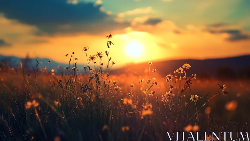 Sunlit wildflower meadow under glowing summer horizon.