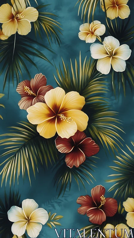 Tropical Hibiscus Botanical Composition with Deep Teal Background