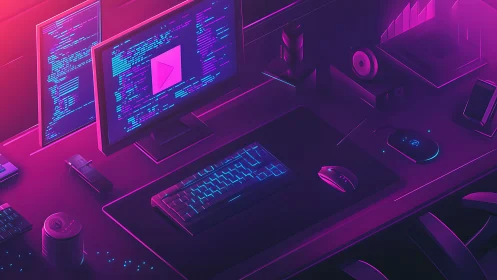 Neon lit dual monitor programming workstation with peripherals