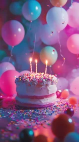 Illuminated Birthday Cake Surrounded by Vibrant Neon Balloons.