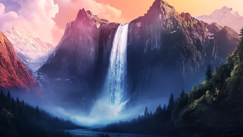 Skyfall cascade draped in sunset over enchanted granite spires.