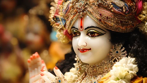 Jewelled deity gazes outward while warm temple lights shimmer