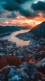 Coastal town and fjord inlet under dense sunset cloud cover.