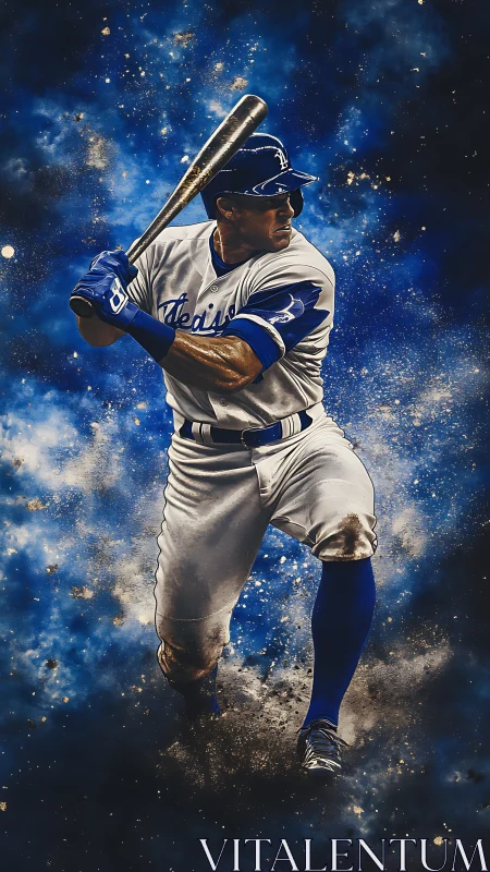 Baseball batter in mid-swing set against cosmic blue backdrop
