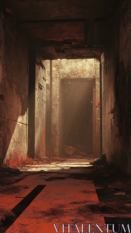 Decayed concrete corridor with red-lit debris and doorway.