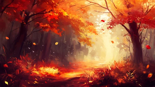 Autumn Forest Path Ablaze with Warm Golden Light.