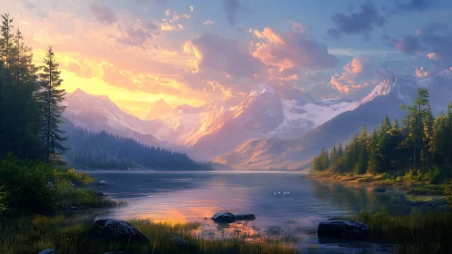 Sunlit alpine lake with volumetric clouds and atmospheric depth