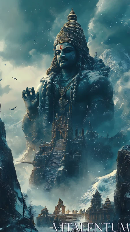 Snowbound mountain deity watching over a hidden temple.