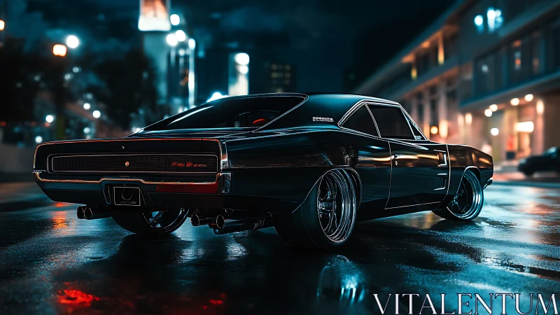 Widebody black muscle car rendered on wet neon-lit urban street