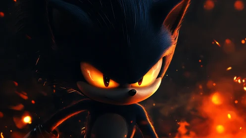 Dark anthropomorphic hedgehog character amid glowing embers.