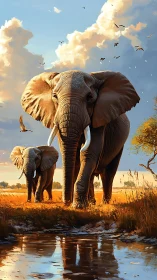 Golden savanna elephants strolling toward sunset waterhole.