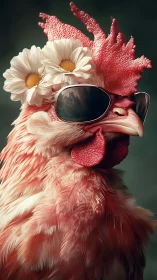 Anthropomorphic Rooster Portrait With Sunglasses and Daisy Crown Composition