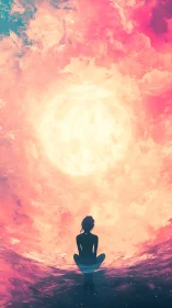 Solitary dream diver beneath a blooming cosmic sunrise.