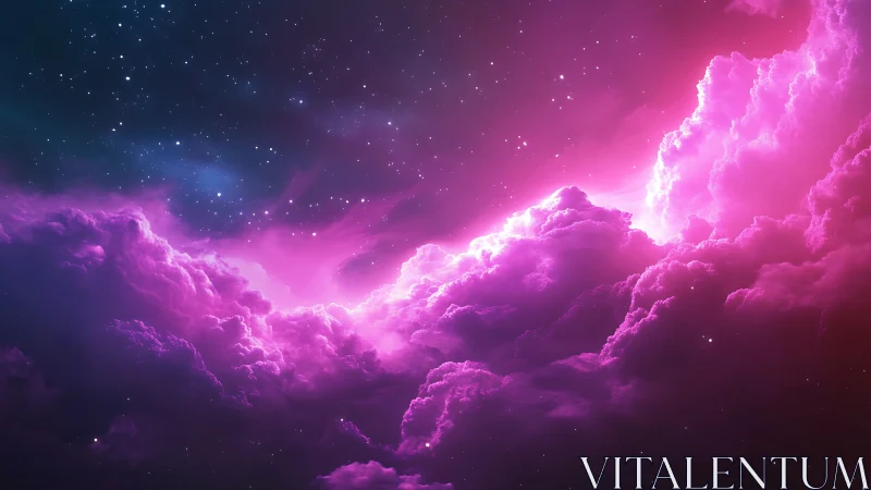 Vibrant magenta nebula clouds stretch across star-filled sky