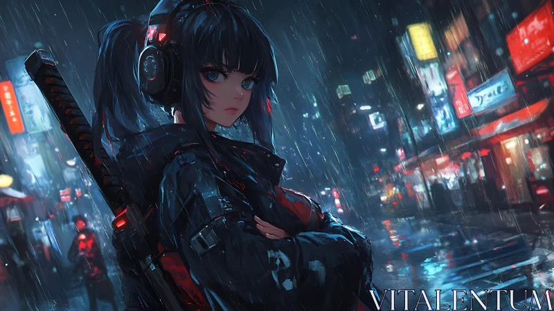 Cyberpunk girl stalks neon streets under cold night rain