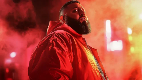Cinematic close-up of bearded man in red jacket amid neon haze