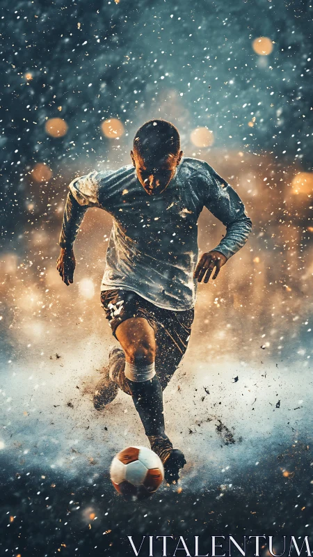 Soccer player running with ball on dynamic lit field.