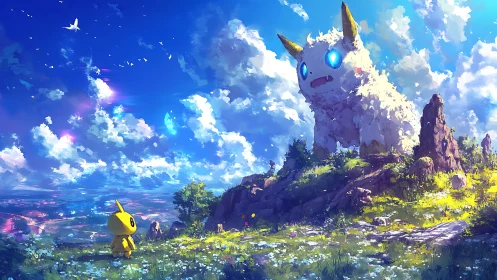 Tiny mascot confronts colossal glowing creature under sky