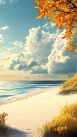 Autumn foliage above quiet sandy shoreline under clouds.