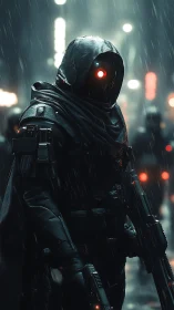 Hooded armed figure in rain soaked futuristic city street.