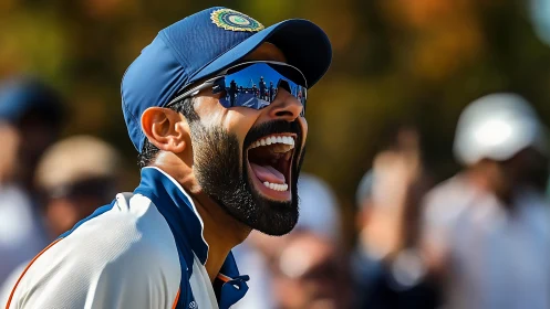Joyful cricket player celebrating with pure, vibrant energy.