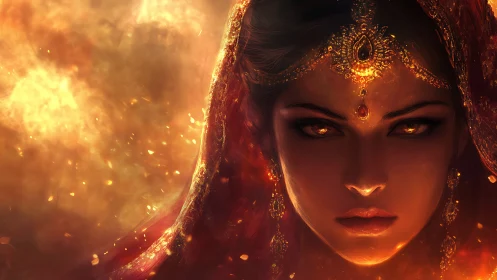 Fire-veiled empress stares through embers and molten dusk.