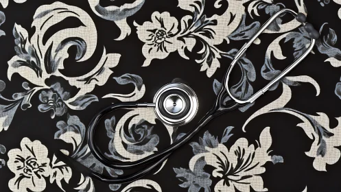 Chrome stethoscope rests on monochrome floral textile pattern.