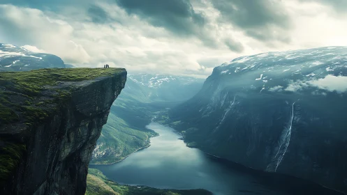 Cinematic digital landscape of cliffside fjord panorama.
