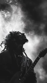 Smoke-drenched guitar prophet gazes into the stage haze.