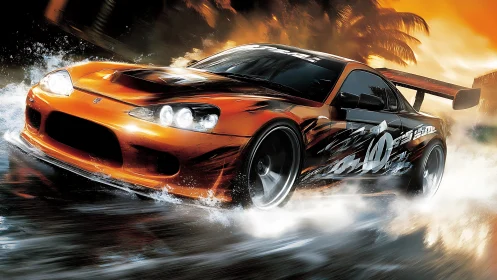 Sunset turbo drift car carving fire from stormy streets.