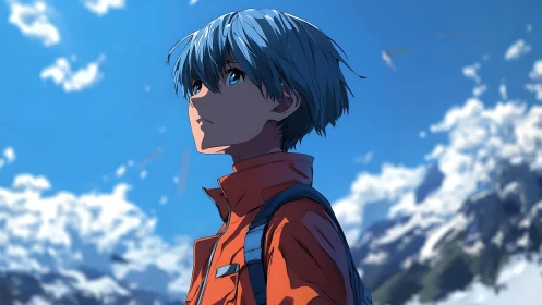 Skyward daydream with a blue-haired wanderer in mountains.