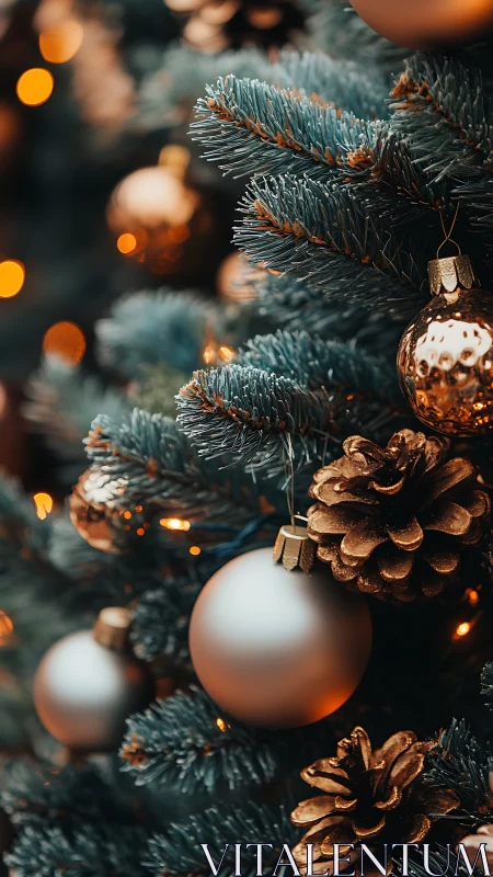 Gold ornaments and pine cones on frosted Christmas tree.