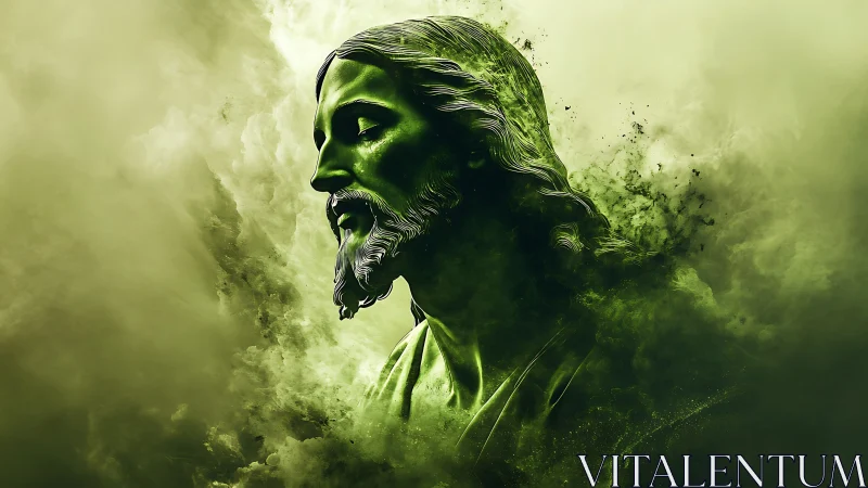 Emerald-toned sacred bust dissolving into swirling mist.