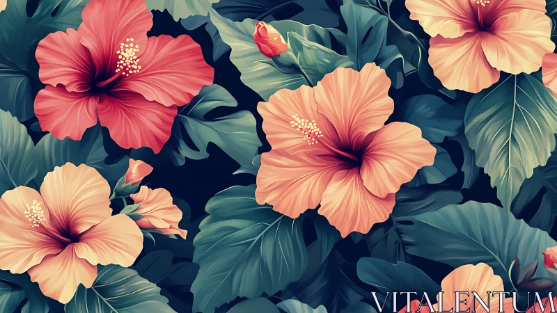 Tropical Blooms Dance Across Shadowed Canvas in Luminous Splendor