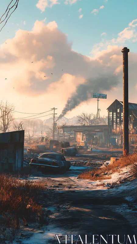 Postwar gas station ruins under cold sunrise sky.