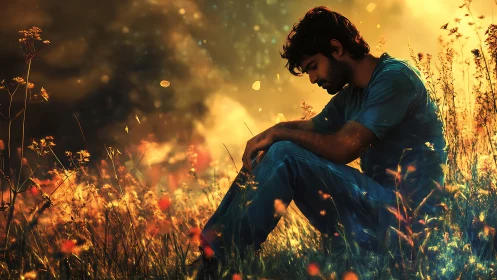 Pensive man sits in glowing meadow under warm golden light