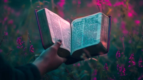 Open bible in dreamy pink meadow with cinematic lighting.