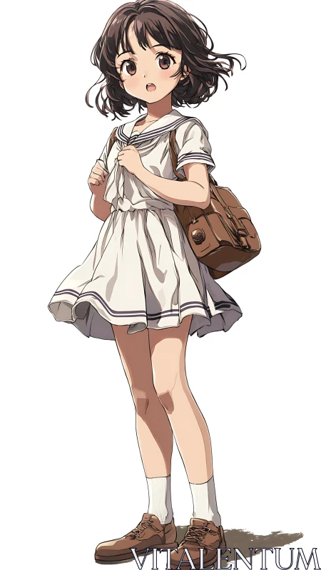 Anime schoolgirl in white sailor uniform with shoulder bag.