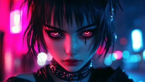 Cybernetic-eyed figure in neon-lit urban night setting.