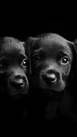Black Labrador puppies face closeup isolated on dark background